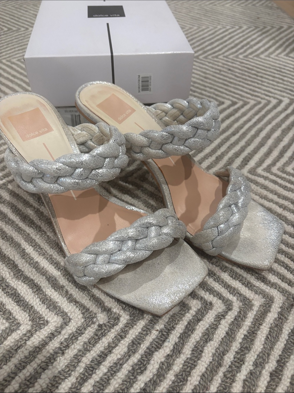 Dolce Vita Silver Braided Double-Strap Heeled Mules